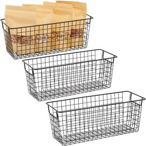 3 Pack Metal Wire Storage Baskets for Shelves, Pantry, Closet, Long Narrow Organizer Bin (Black, 16 x 6 x 6 In)