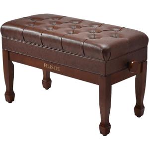 Adjustable Duet Piano Bench with Storage, Heavy Duty Solid Wood Double Piano Stool Keyboard Bench Seat with PU Leather Padded Cushion (Wood)