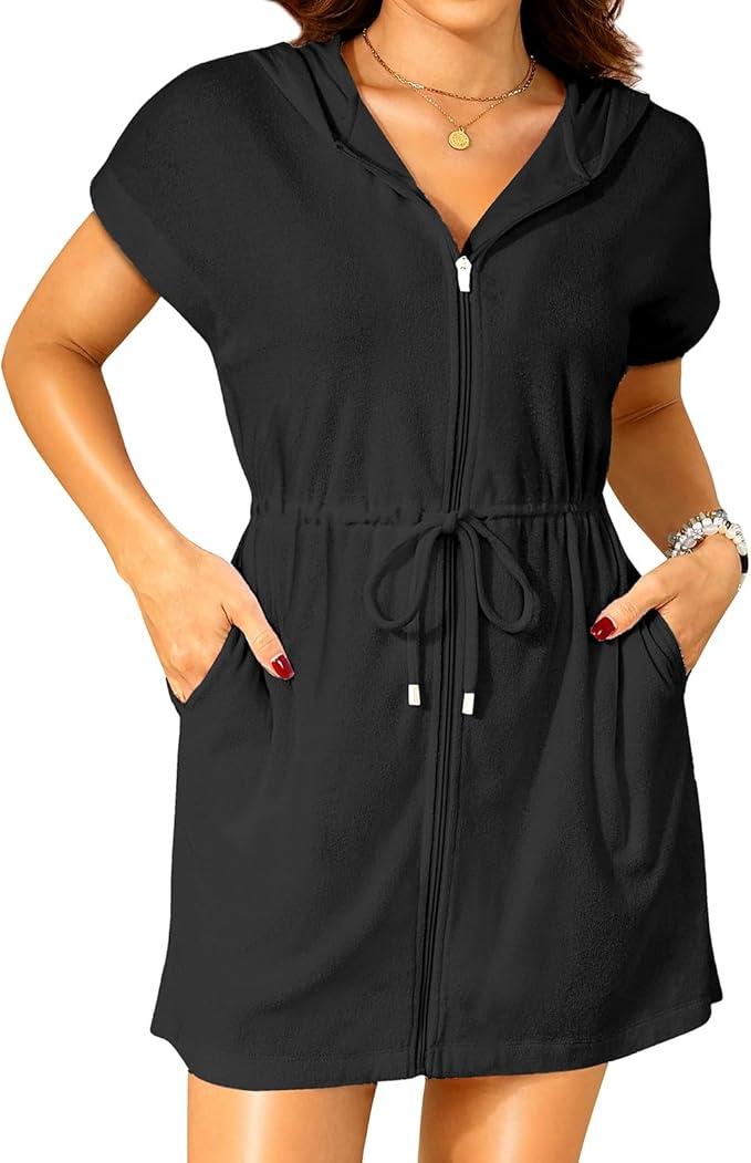 Terry Cloth Cover Ups - Hooded Cotton Swim Sun Cover-up with Zipper Pockets Beach Swimsuits,S