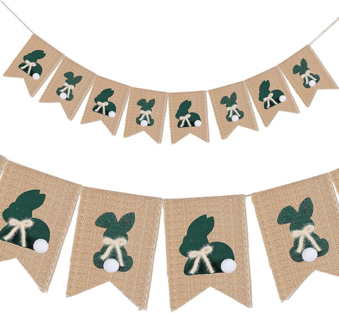 2 x Lounsweer Easter Burlap Banner Decorations 3D Rustic Rabbit Bunny Burlap Garland Moss Green with Bow Pom Pom Tail Bunny Baby Shower Decorations for Mantle Fireplace Birthday Party Spring Home Decor