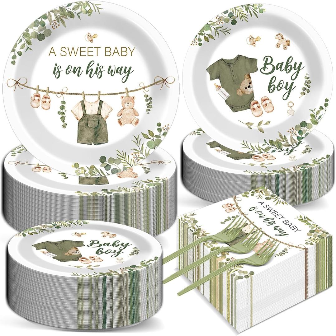 200Pcs Greenery Baby Shower Plates and Napkins Decoration Sage Green Party Tableware Dinnerware Set A Sweet Baby Is On His Way Paper Plates for Baby Gender Reveal Party Supplies Serves 50