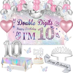 10th Birthday Decorations for Girls,49pcs Silver Dazzle Double Digits Banner, Iridescence Tablecloth, Sash, Tiara, Butterfly Decor, Happy 10th Birthday Cake Topper, Candles, Balloons Arch