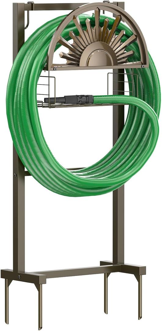 GOFORWILD Garden Hose Reel Winding Reel- Freestanding Water Hose Stand with Storage Basket, Holds 150ft of 5/8 Hose for Outside Patio Yard Lawn with 2 Hooks