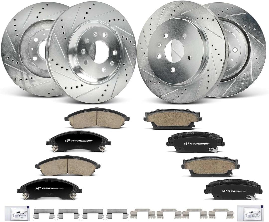 A-Premium Front and Rear Drilled Slotted Brake Rotors and Ceramic Pads Kit | Compatible with Cadillac CTS 2006-2007, STS 2005-2008, 12-Pack