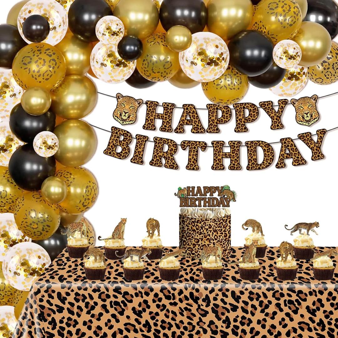 Leopard Print Party Decorations Set, Safari Theme Birthday Supplies with Balloons, Banner, Cake Topper, Tablecloth