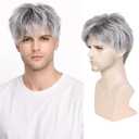 Creamily Mens Wigs Short Hair Synthetic Layered Full Wig for Men Short Grey Hair Replacement Wig Realistic Cosplay Costume Wigs with Toupee Cap