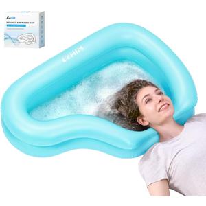 Inflatable Portable Shampoo Bowl, Hair Washing Bowl with Drain Hose & Neck Support, PVC Inflatable Shampoo Bowl for Bedridden Patients, Disabled, Seniors, Kids, Home Care (Blue, Large)