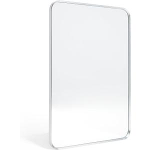 Wall Mount Mirror for Bathroom, Brushed Silver Metal Framed Rounded Corner Rectangular Vanity Mirror (24" x 36", Silver)