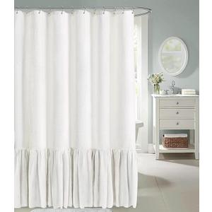 Awellife Farmhouse Shower Curtain Ruffle Linen Textured Boho Shower Curtain for Bathroom, White 72" W x 84" L