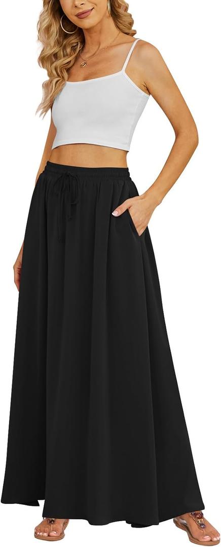 Yincro Women's Flowy Maxi Skirt Summer Pleated High Waisted Casual Long Skirts with Pockets (Large, Black)