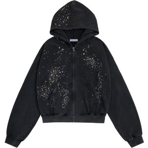 Aelfric Eden Star Rhinestone Zip Up Hoodies Womens Mens Casual Hooded Jackets Unisex Loose Crystal Y2K Pocket Sweatshirts (Small, Black)