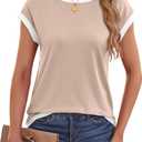 LilyCoco Ringer Tee Women Summer Short Sleeve Crew Neck Casual Basic T Shirts Beige Small