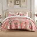 Lamberia 3 Pcs Cotton Quilt Set Real Patchwork Pink Floral Romantic Reversible Bedspread Beautiful Bedding Quilt Set with Real Stitched Embroidery Queen Size Kingsize California King Size (Queen)