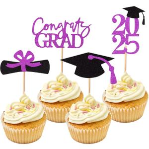 24Pcs 2025 Graduation Theme Cupcake Toppers Glitter Class of 2025 Graduation Cap Diploma Cupcake Picks 2025 Class Theme Party Cake Decorations Supplies (Purple)