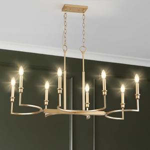 Gold Rectangular Chandelier Linear Kitchen Island Chandelier Light Fixture 8 Light Gold Chandeliers Lighting for Kitchen Dining Room Living Room,38in