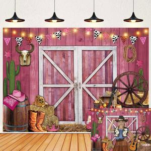 2 x Western Pink Barn Background for Photography - Retro Rustic Farm Wooden House Banner - Cowgirl Baby Shower Birthday Party Supplies (7X5FT)
