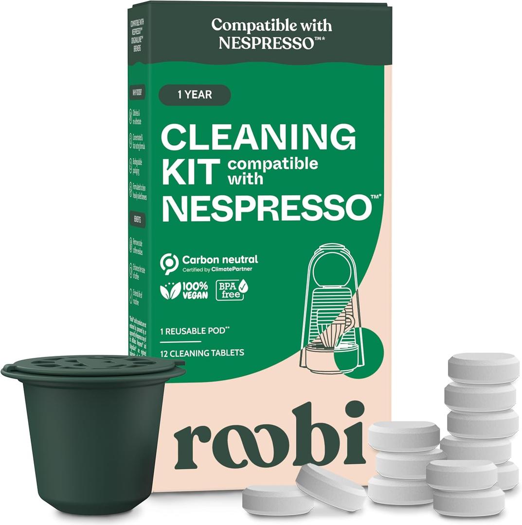 Roobi Cleaning Pods Compatible with Nespresso. Includes 1 Reusable Pod & 12 Cleaning Tablets. Specially Formulated for Originaline Machines. 1 Year Supply.