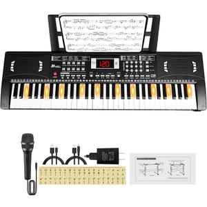 Keyboard Piano 61 Lighted Keys, Electric Keyboard Kit with 100 Voices, 100 Rhythms - Built-In Speaker, Microphone, Sheet Stand and Power Supply, Gift for Children Beginners [Black, Piano Only]