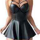 Foxiny Plus Size Curvy Sexy Strappy Leather Underwire Choker Garter Belt Mini Lingerie Set Dress with Thong 3 Piece Women Pu Latex Push Up Night Wear Outfits Rivet Black 5X-Large