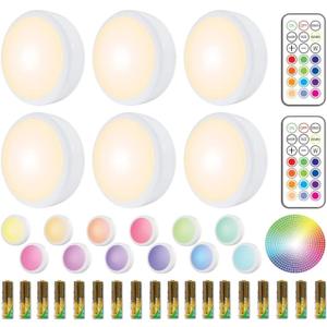 HELPLEX LED Puck Lights with Remote, 6 Pack Color Changing RGBW, Battery Powered Under Cabinet Lighting, Dimmable with Timer & Memory, Stick-On Wireless Light with 18 AA Batteries Included