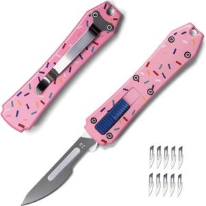 Automatic Utility Knife,All Metal Construction Carbon Stainless Steel Blade,Quick Change Retractable Box Cutter,EDC Push Button with Clip,10PCS #23 Blades Replacement,Pink Doughnut