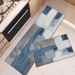 ArtSocket Kitchen Rugs and Mats Non Skid Washable Set of 2, Navy Blue Grey Abstract Runner Rug, Painting Gray Vintage Retro Kitchen Floor Mat Under Sink Mat Throw Rug for Doormat