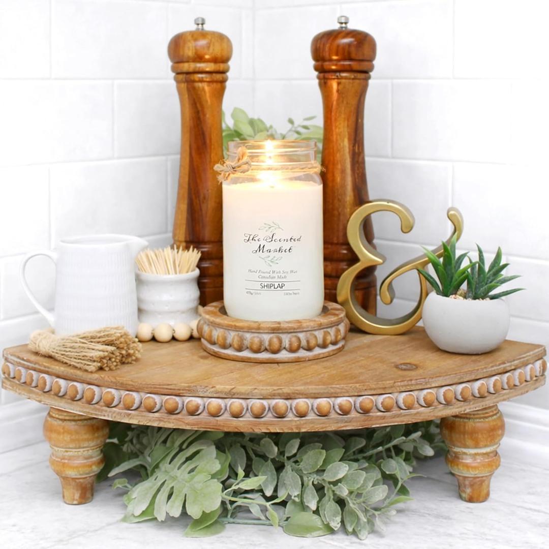 Farmhouse Corner Shelf Stand [with Removable Feet] - Bathroom Countertop Organizer, Decorative Tray Riser, Beaded Wooden Tray, Corner Tray Plant Stand, Coffee Bar Organizer for Kitchen Countertop