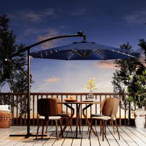 10FT Solar Lights Cantilever Umbrella outdoor patio, Offset Patio Umbrella with Easy Lift & Tilt Adjustment, UV Protection Fade Resistant for Deck, Pool, Garden, Navy Blue