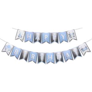 2 x Happy Birthday Banner – Custom Designed Cardboard Boys and Girls Birthday Decoration – Stylish Party Sign for Space, Sports, or Milestone Themes (Light Blue and Silver)