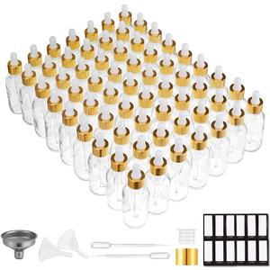 PrettyCare Glass Eye Dropper Bottles 2oz (60ml), 63 Pack Clear Empty Thick Bottles Bulk with Leakproof Golden Caps - With Labels & Funnels for for Storage, Travel,Essential Oils, DIY Serums, Tincture