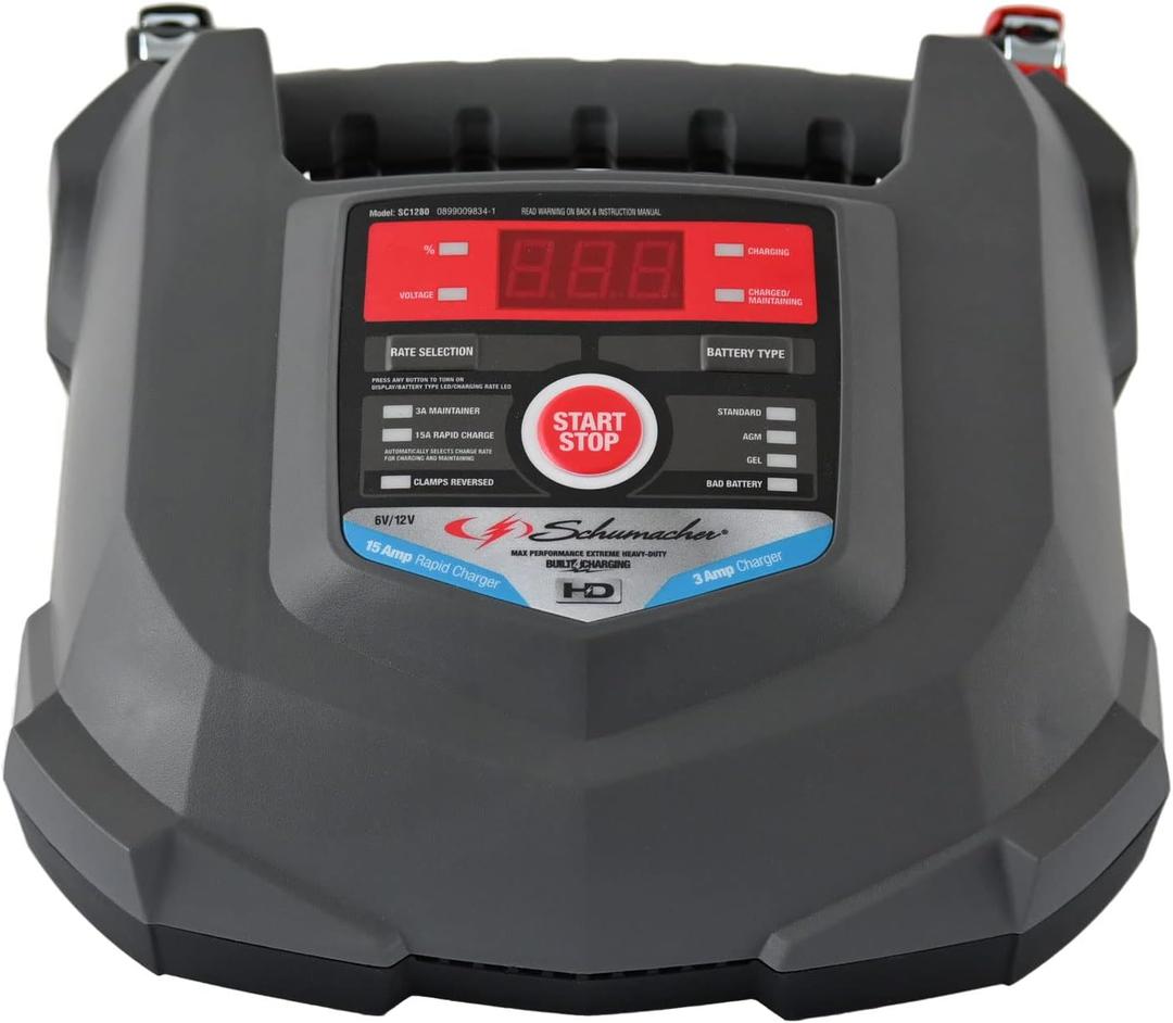 Schumacher Electric Car Battery Charger and Maintainer SC1280 4-in-1, 15 Amp, Fully Automatic for 6v and12v Automobile Batteries - Ideal for Motorcycles, Cars, Trucks, SUVs, Marine Batteries, and More