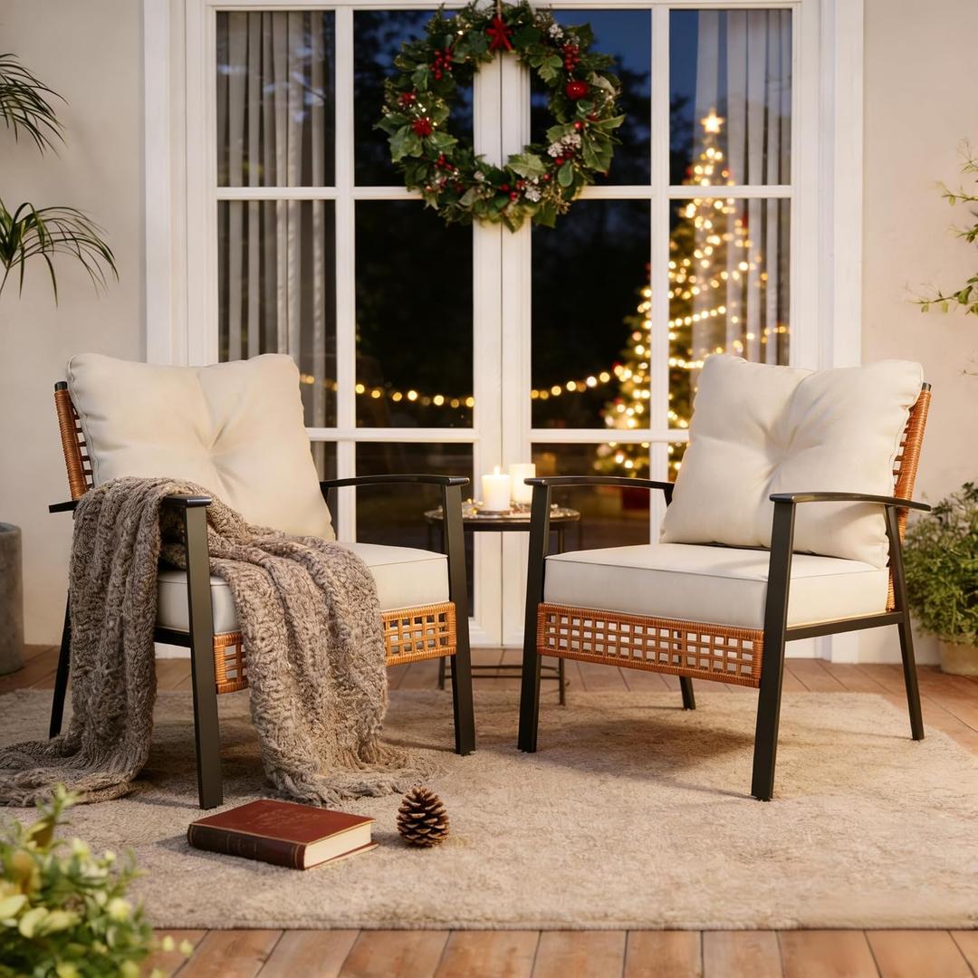 Outdoor Rattan Bistro Set, Patio Furniture Wicker Chairs Set of 2 with Deep Seating and Thick Cushions, Oversize Conversation Set for Garden, Balcony and Backyard (Beige)