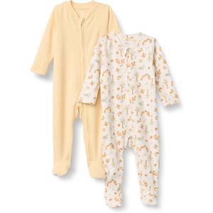 Amazon Essentials x Sofia Grainge Unisex Babies' Cotton Footed Sleep and Play Bodysuit, Pack of 2, Pale Yellow/ Squirrel Picnic, Newborn