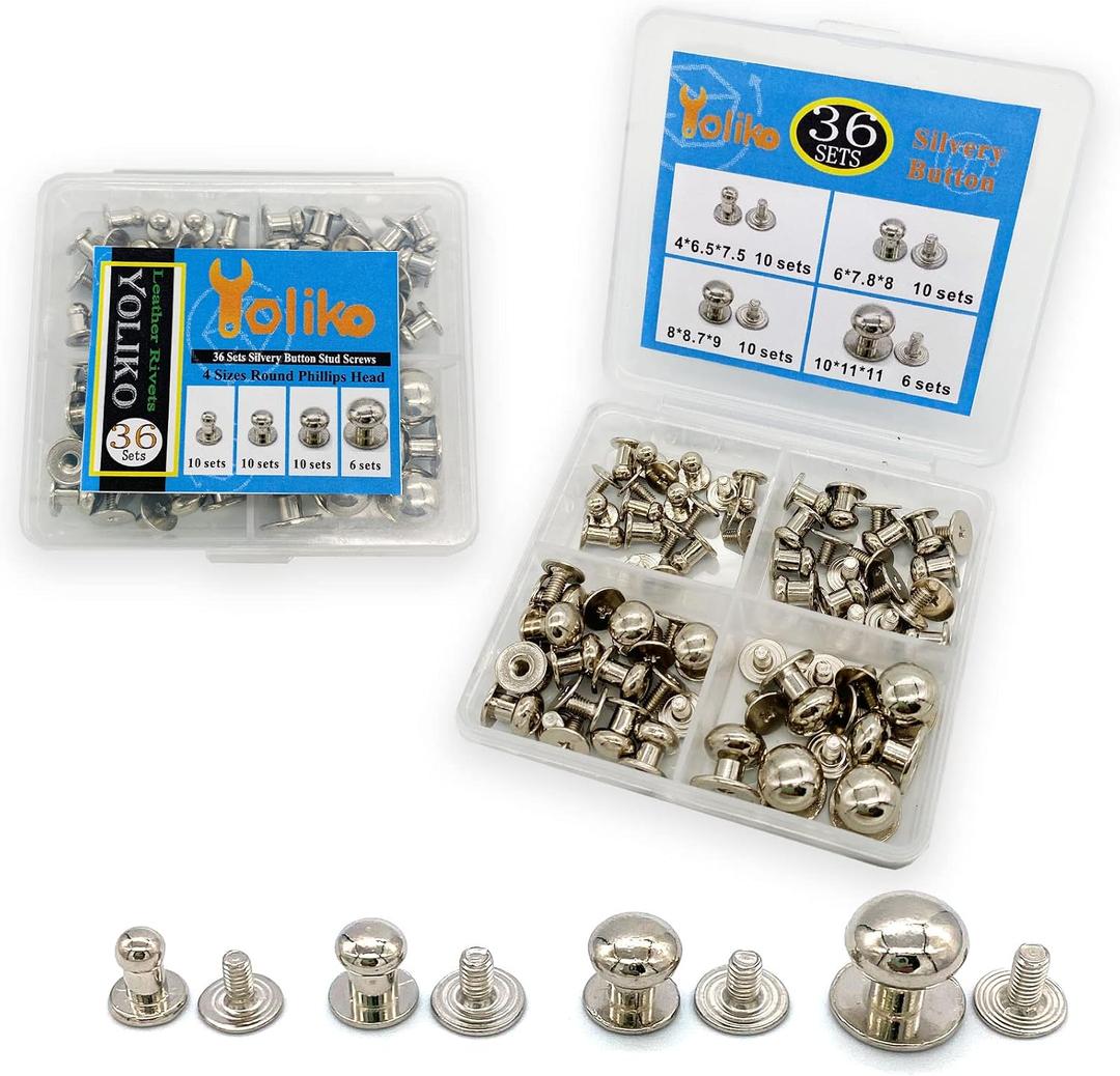 36 Pack 4 Sizes Silver Round Phillips Head Button Stud Screws(Round Head Diameter:4mm,6mm,8mm,10mm) Chicago Screws Nail Rivet Leather Button Brass Rivets for DIY Leather Craft
