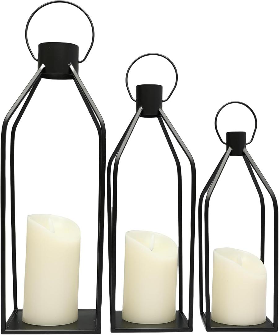 Lanterns Decorative Tall Large Black Metal Candle Lanterns Set of 3- Modern Farmhouse Decor for Indoor,Outdoor,Tabletop,Porch (No Glass NO Candles)