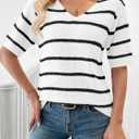 Saodimallsu Womens Summer Short Sleeve Sweater Tops Striped V Neck T Shirts Casual Loose Fit 2025 Trendy Knit Top (White)