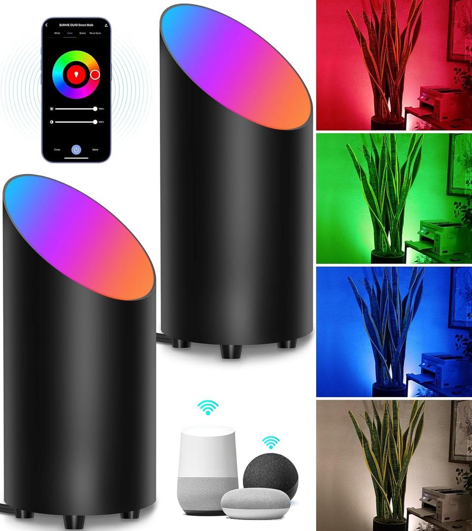 SUNVIE 2 Pack Smart Floor Can Light 5W RGBW Color Changing Uplighting Indoor Uplights 2700K-6500K Up Lights Indoor Floor Spotlight for Plant Corner Wall Artwork, APP Control Alexa & Google Home, Black