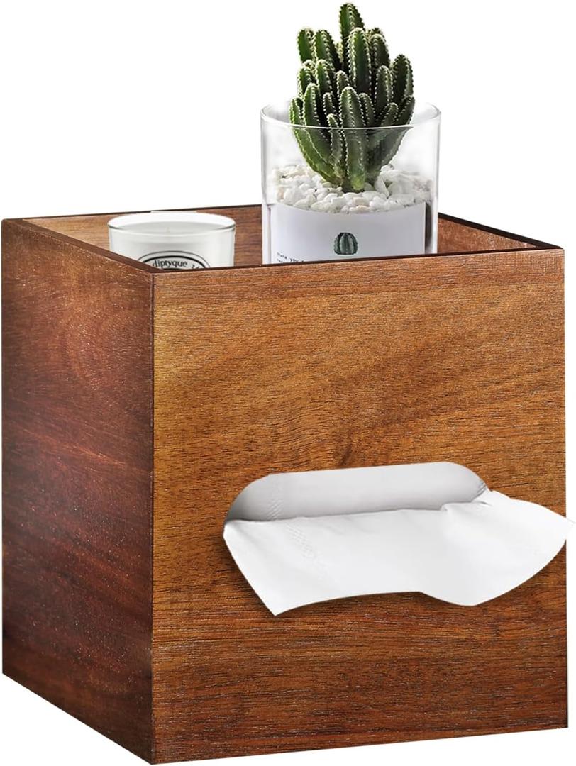 Square Tissue Box Cover with Storage Tray,Acacia Wood Tissue Box Holder for Desktop Nightstand Bathroom Office,Decorative Facial Tissue Cube Box Cover/Organizer for Modern Home Decor (Brown)