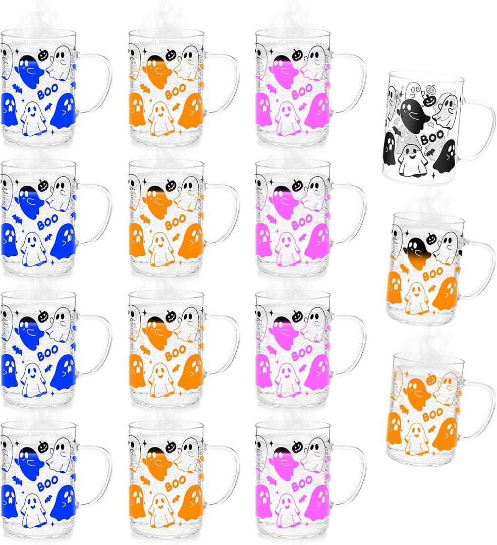 Honeydak 12 Pcs Halloween Ghost Coffee Mugs 16 oz Glass Color Changing Ghost Cups with Handle Spooky Coffee Cups for Halloween Holiday Party Drinkware Accessories Supplies Drinking Container