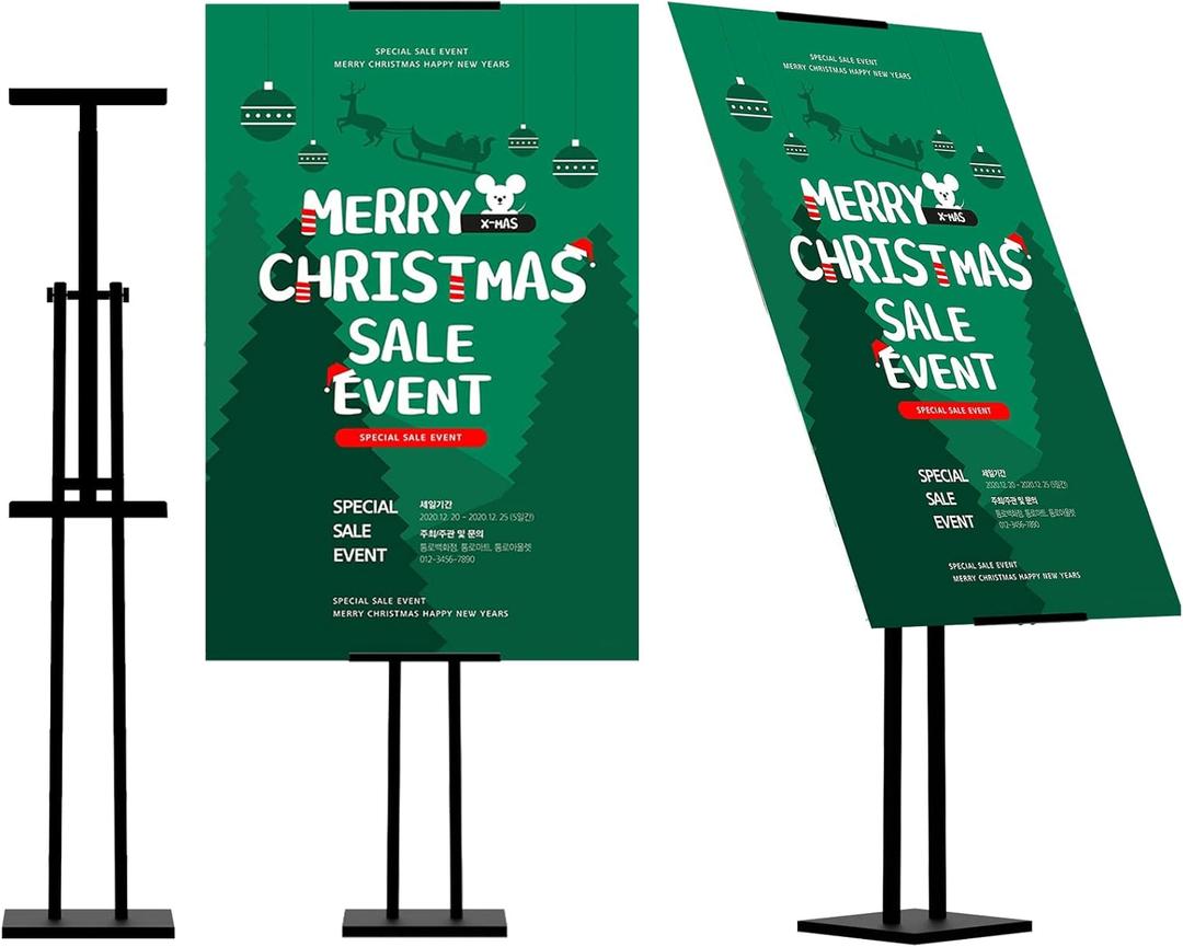 ONCEMORE Heavy Duty Sign Stand, Floor Poster Board Stand, Adjustable Metal Sign Holder Height Up to 60 Inches and 180° Rotation Display Standing Pedestal for Board & Foam, Black