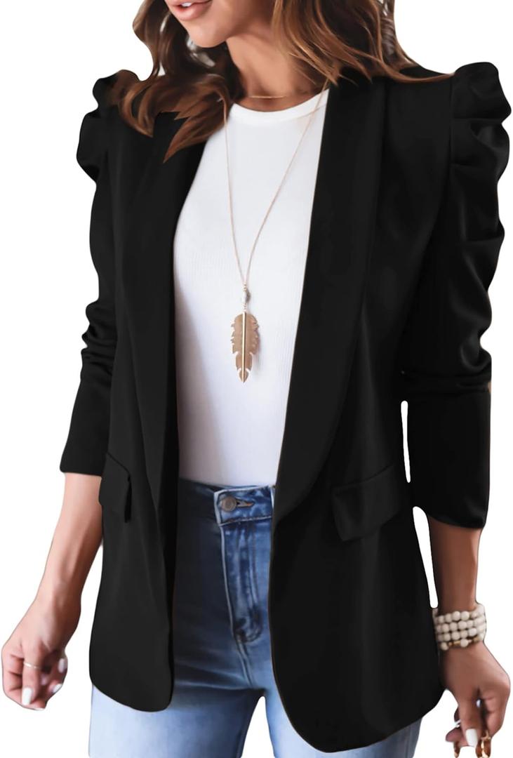 KIRUNDO Women's 2026 Spring Fall Casual Blazers Puff Sleeve Lapel Open Front Work Suit Office Blazer Jackets with Pockets (Black, XL)