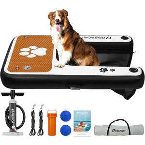 FBSPORT Inflatable Dog Boat Ramp Floating Dock Water Ramp Ladder for Pool, Boat, Non-Slip EVA Floating Ladder Pool Ramp for Dog Up to 220 LBs, Safe & Easy Access Dog Pool Ramp (Black White)