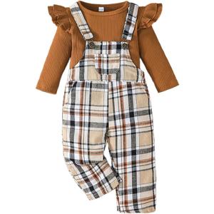 Toddler Baby Girl Christmas Clothes Ruffled Top Plaid Bib Overalls Pocket Suspender Pants Set Thanksgiving Outfits, 6-12M