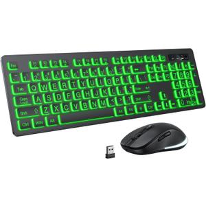 Large Print Wireless Keyboard and Mouse - 7 Colors Backlit Keyboard, Oversize Letters Keys Easy to See and Type, Rechargeable Keyboard and Mouse with Light Up Key, Compatible for PC, Windows, Gaming
