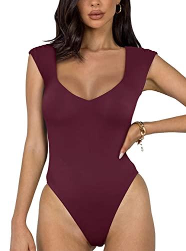 REORIA Women's Summer Sexy Casual V Neck Double Lined Seamless Sleeveless Slimming One Piece Leotards Going Out Trendy Tank Top Tees Thong Bodysuits ( Pink ) Size M