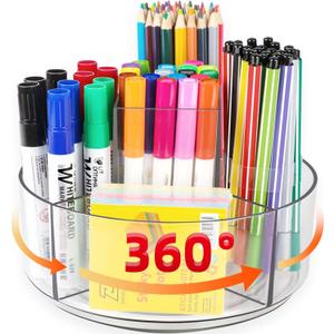 Rotating Acrylic Pen Holder for Desk, 360 Degree Spinning Pencil Holder Pen Organizer, 5 Compartments Kids Marker Holder Crayon Caddy Art Supply Storage Box Desk Organizer for Office Home School