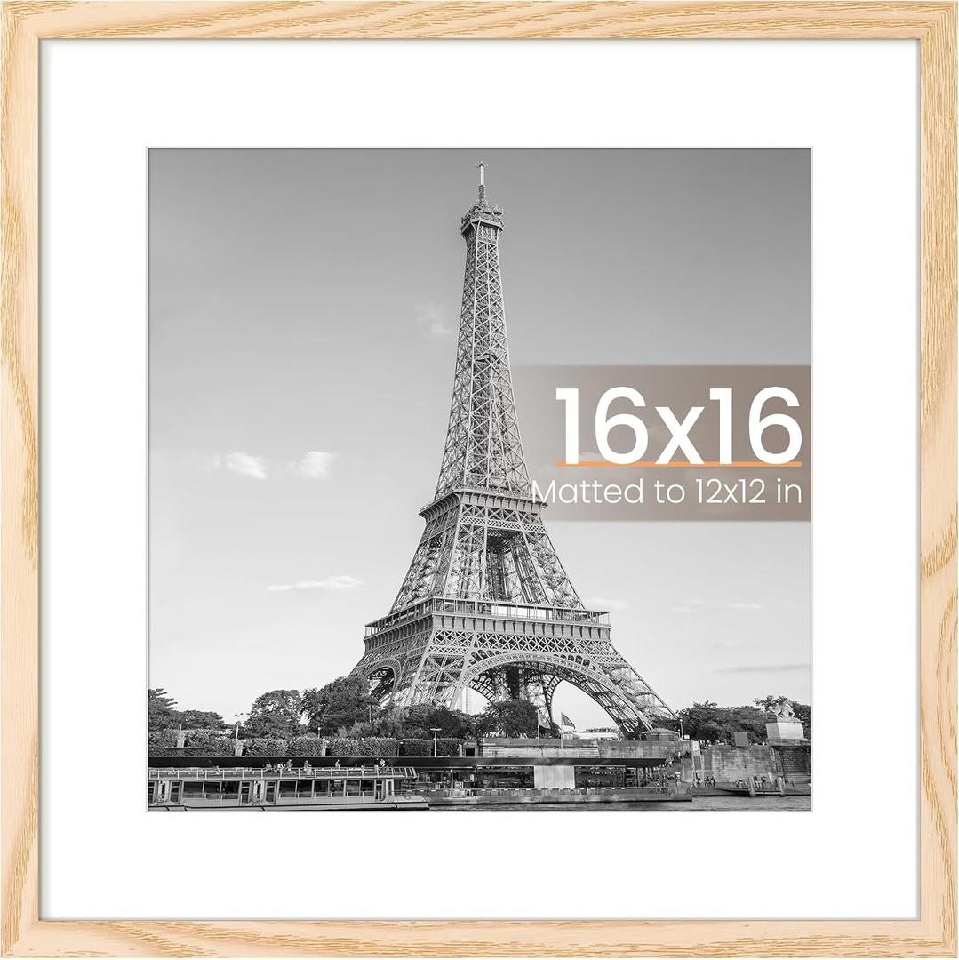upsimples 16x16 Picture Frame, Wall Decor Photo Frames, Natural Style 1Pcs | 12x12 Square Frame with Mat for Gallery Wall, Family, Baby, Dog, Dorm, Christmas