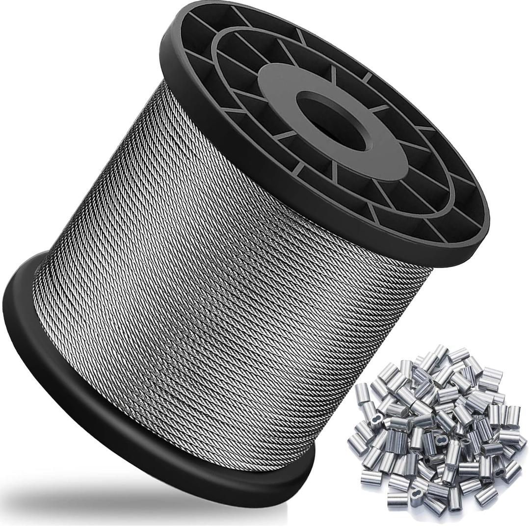 1/16" Wire Rope,328FT Stainless Steel Cable with 150Pcs Crimping Sleeves,7x7 368lbs Breaking Strength for Garden Wire,Aircraft Cable