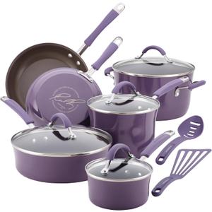 Rachael Ray Cucina Nonstick Cookware Pots and Pans Set, 12 Piece, Lavender Purple