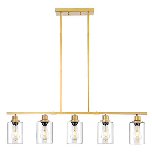 3WWWUEE 39.4" Kitchen Island Lighting, 5 Lights Clear Glass Pendant Light Fixtue, Golden Linear Metal Chandelier for Dining&Living Room Foyer,Height Adjustable,E26 Socket